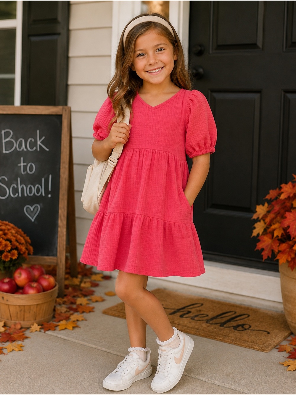 Cat & Jack Girls Size 8 Pink Gauze Puff Sleeve Tiered Dress Pockets